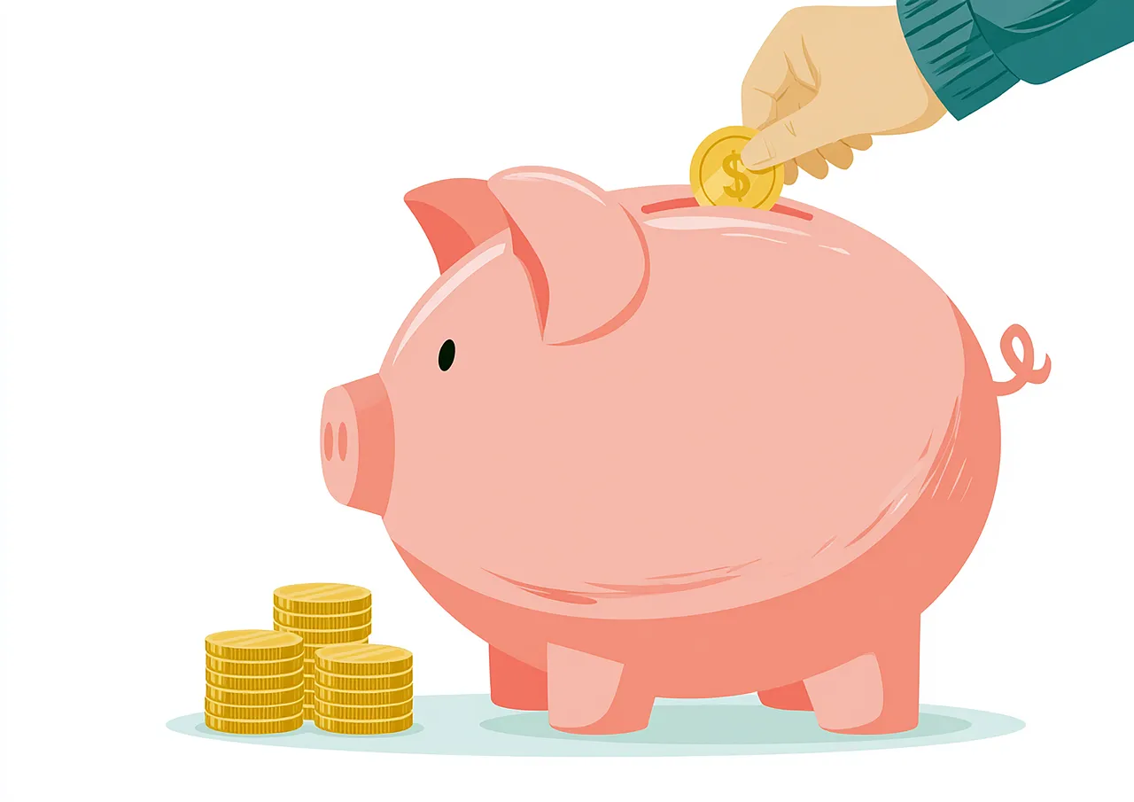 Red piggy bank on a green background symbolizing savings and financial planning.